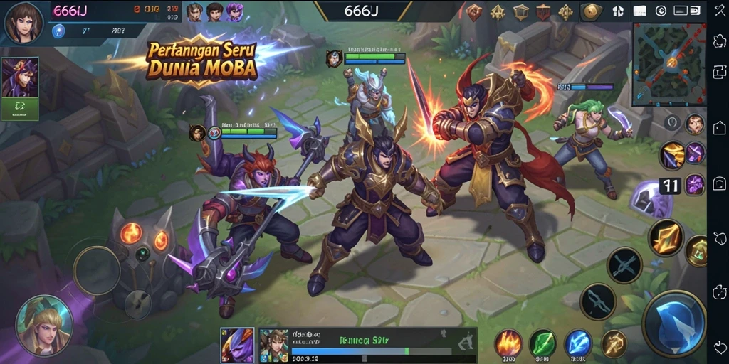 Tangkapan layar gameplay 666J yang menampilkan pertarungan seru antar hero.