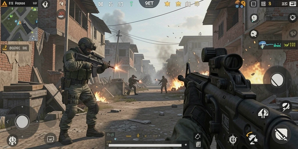 Screenshot gameplay 9ET menampilkan aksi battle FPS yang intens.