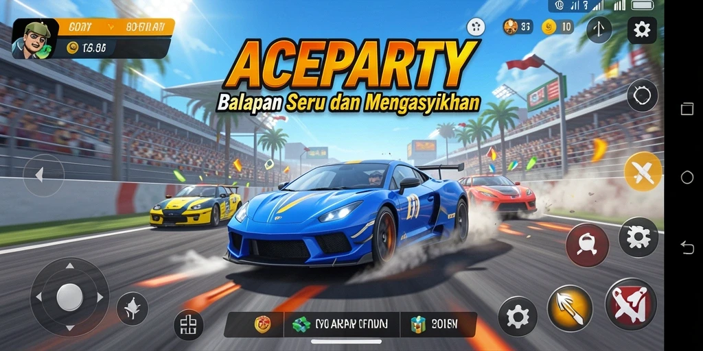 Tampilan gameplay ACEPARTY dengan adrenalin balapan yang mendebarkan.
