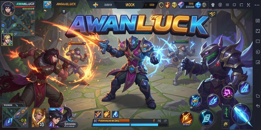 Tangkapan layar utama AWANLUCK dengan aksi seru dalam permainan MOBA.