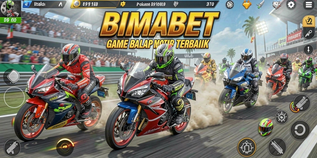 Screenshot utama BIMABET menampilkan aksi balap motor yang intens.