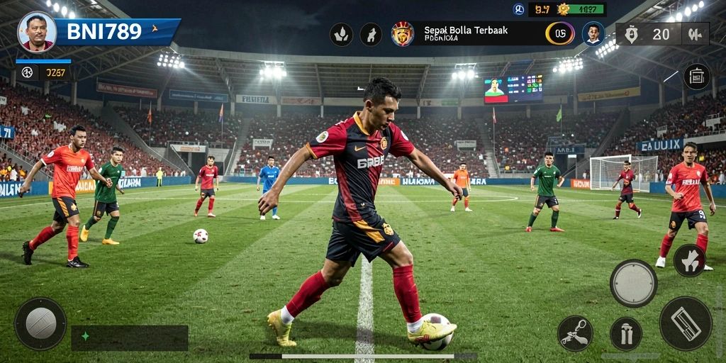 Screenshot gameplay BNI789 yang menampilkan aksi seru di lapangan sepak bola.