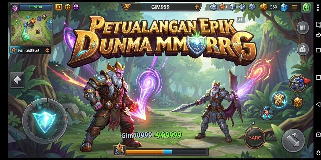 Tangkapan layar gameplay GIM999 menampilkan pertempuran seru di dunia MMORPG.
