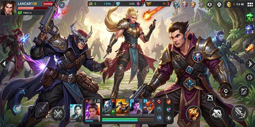 Screenshot gameplay LANCAR138 menampilkan pertarungan karakter MOBA yang seru.