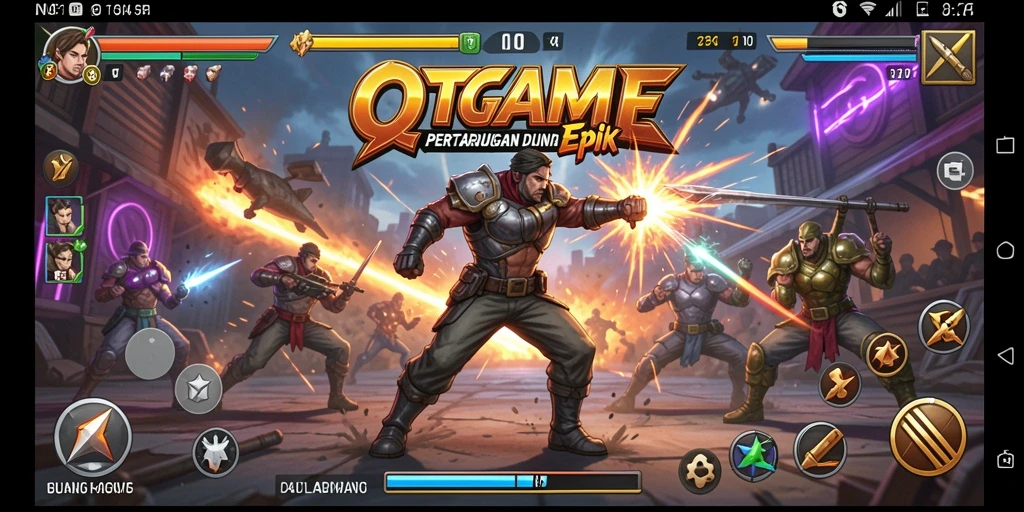 Tampilan aksi intens dari QTGAME saat bertarung melawan musuh.