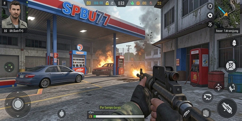Tampilan seru gameplay SPBU77 dengan aksi tembak-menembak intens.