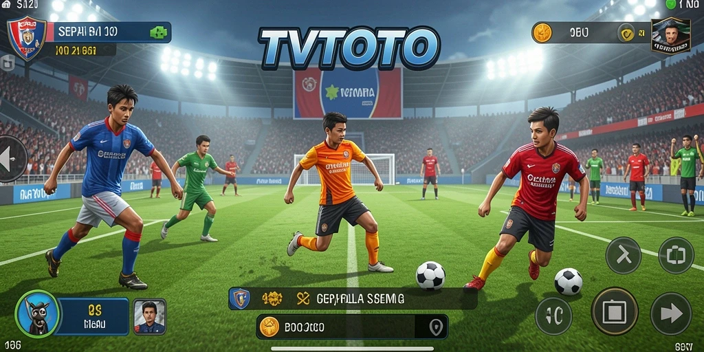 Screenshot utama TVTOTO menampilkan duel seru antara dua tim sepak bola.