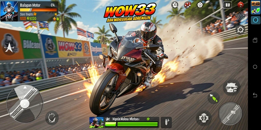Tampilan gameplay WOW33 yang mendebarkan dengan balapan motor seru.